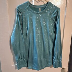 MTA Sport Teal Starry Long Sleeve Shirt Size Large Silver Metallic Stars Ruffles